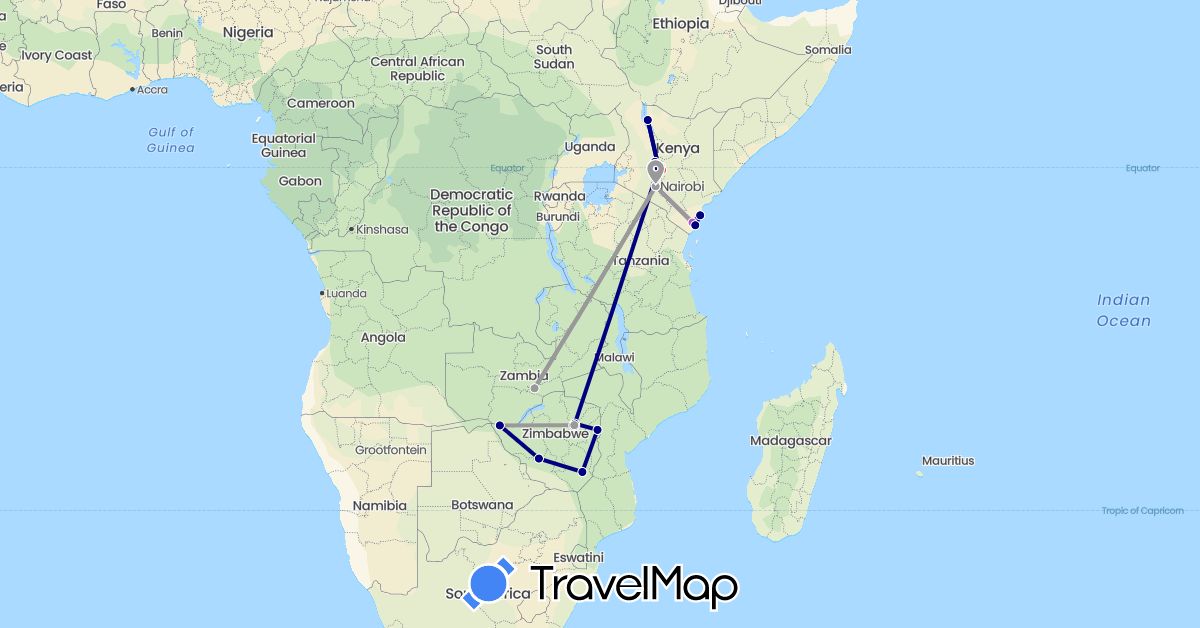 TravelMap itinerary: driving, plane, train, hiking in Kenya, Zambia, Zimbabwe (Africa)